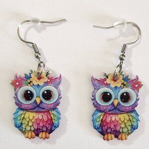 Colorful Owl Earrings Light Weight Flowers
